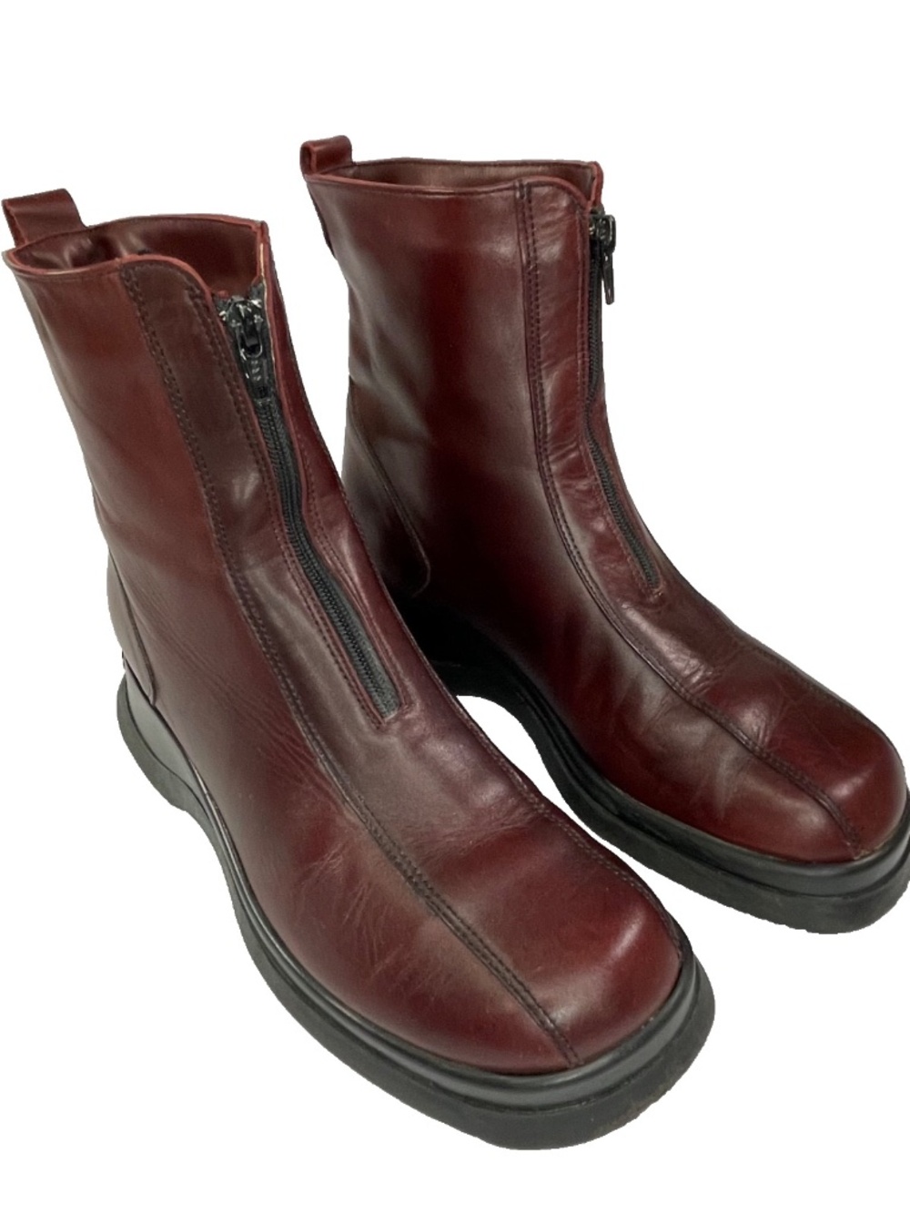 Vintage 90s Santana Canada Oxblood Leather Front-Zip Boots Square Toe Chunky M 7